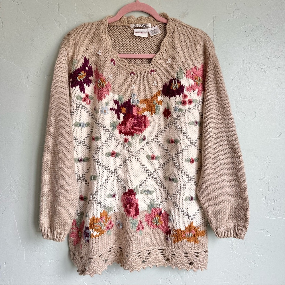 Vintage Bobbie Brooks Hand Knit Beige Floral Sweater Spring Cottagecore Granny L